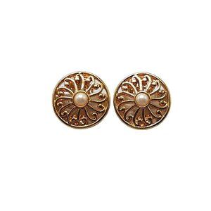 Faux Pearl Round Openwork Ornate Earrings Clip on Closure Gold Tone Vintage